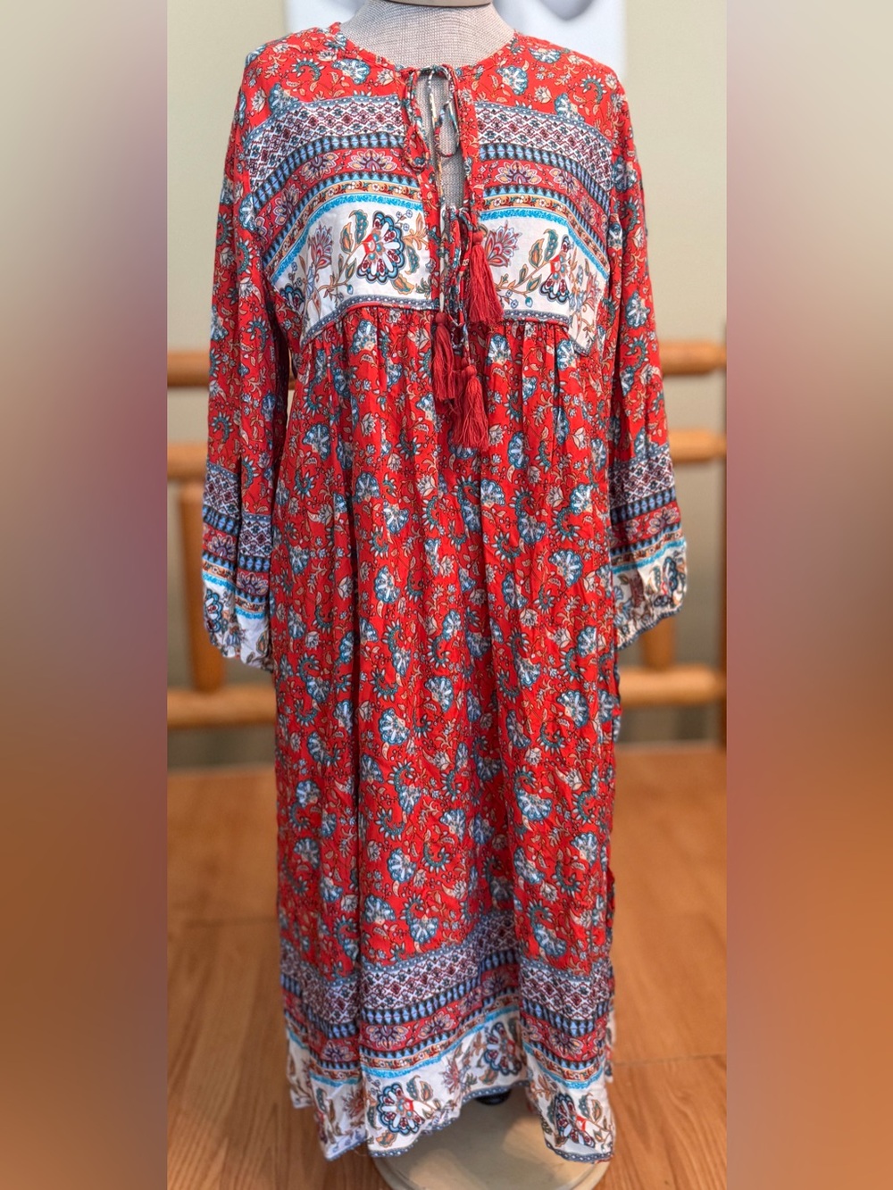 Boho Red Floral Long Sleeve Maxi Dress with Tassel Tie